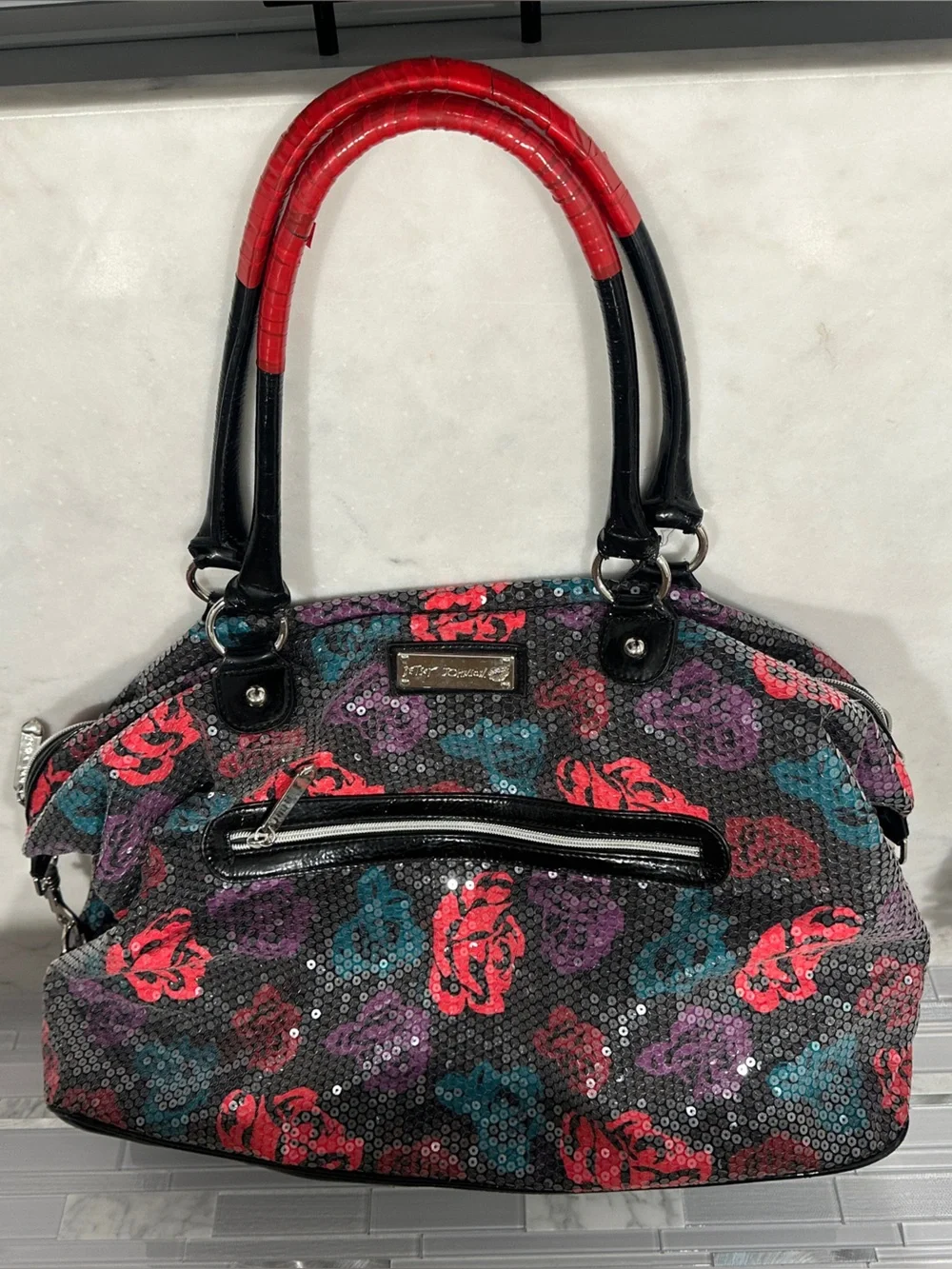 Betsey Johnson Sequin Duffel Bag Black Satchel with Red, Teal & Purple Rose Prin